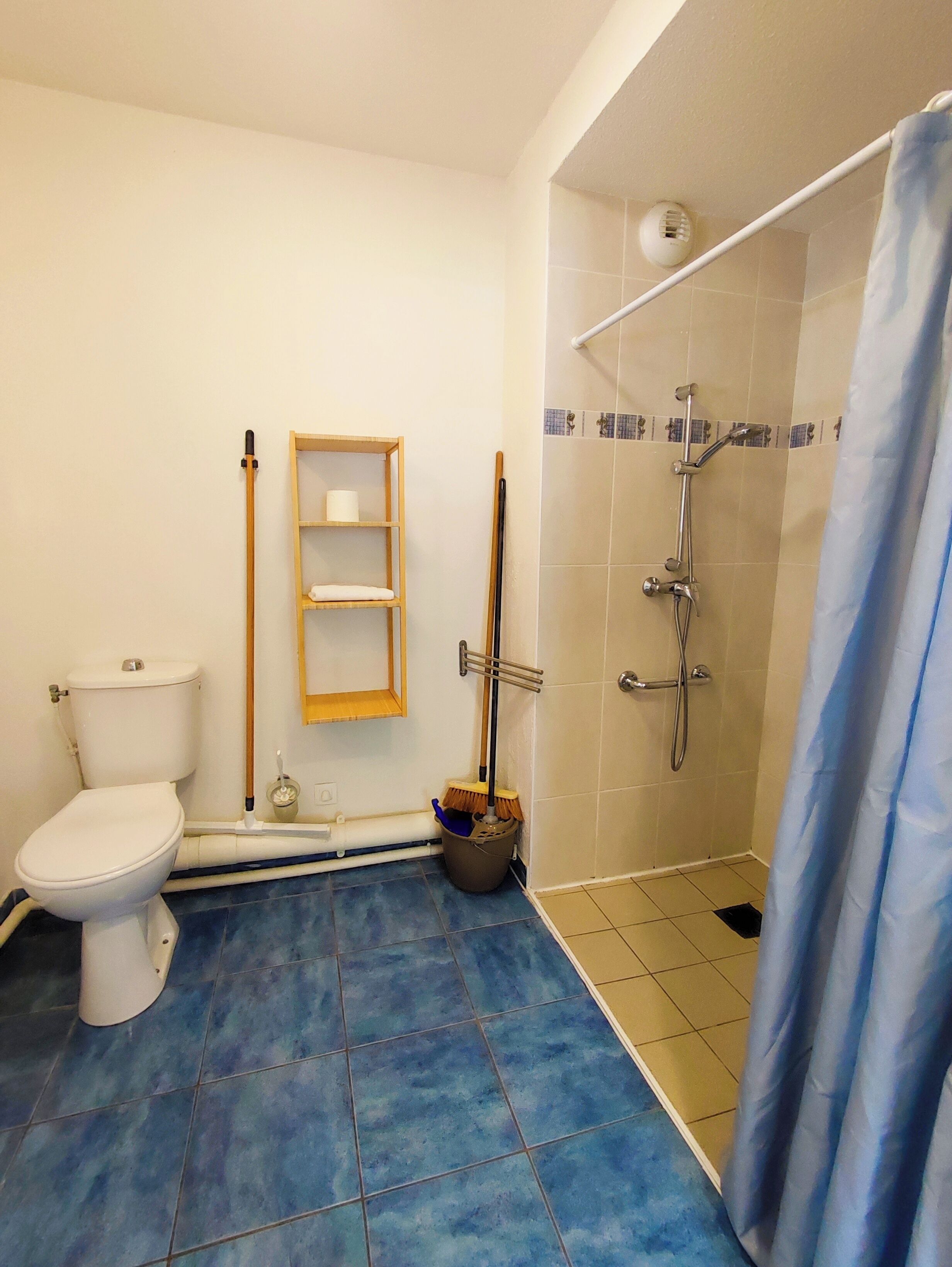Une salle de bain avec des toilettes, une douche et un sol carrelé de carreaux bleus.