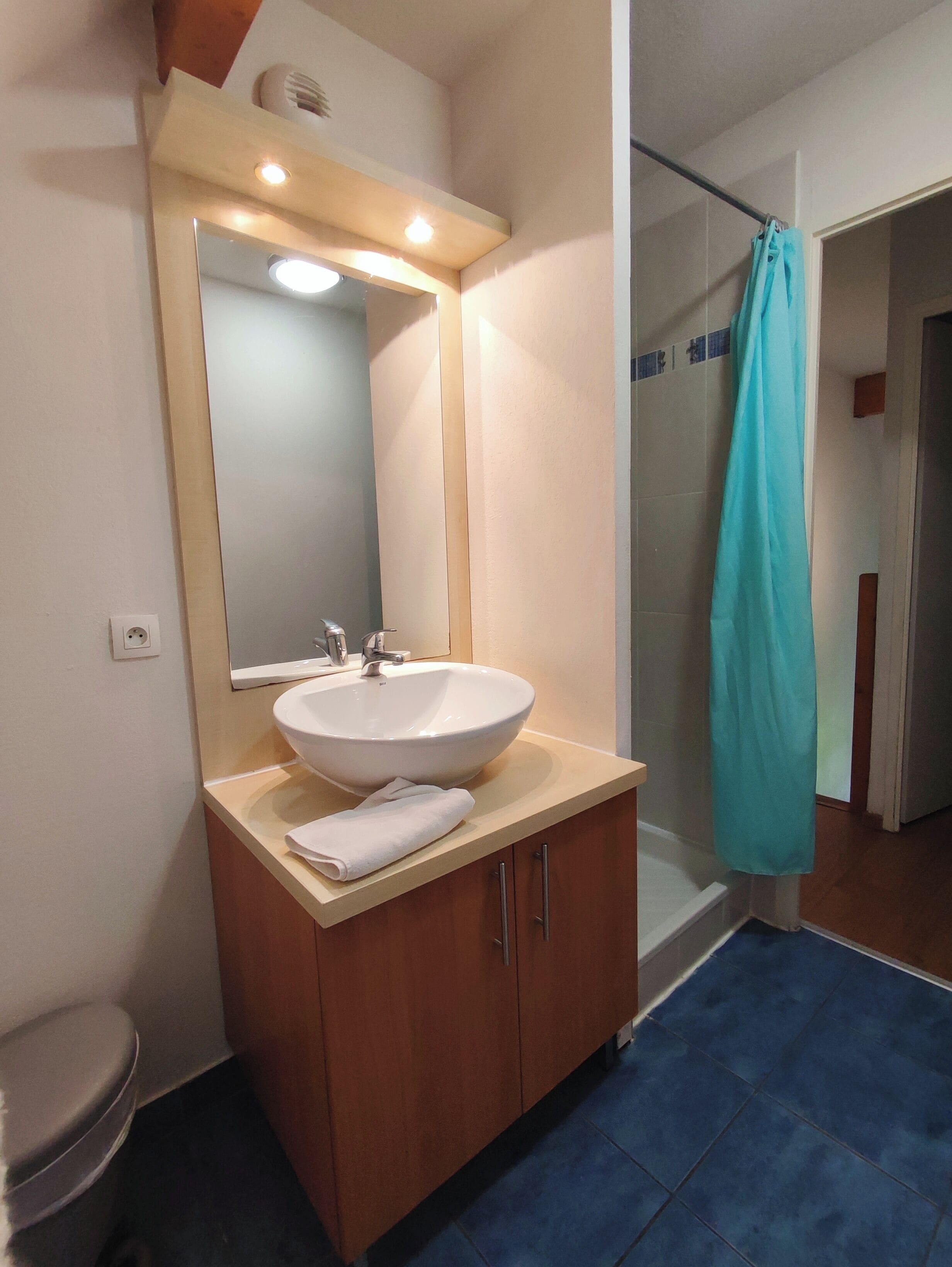 A bathroom with a large mirror, a sink, and a shower curtain.