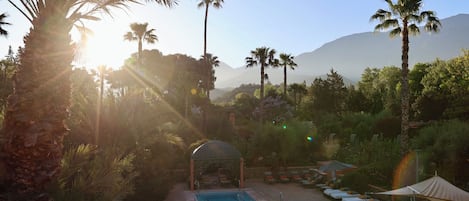 A pool area with lounge chairs and a gazebo, surrounded by palm trees and mountains in the background.