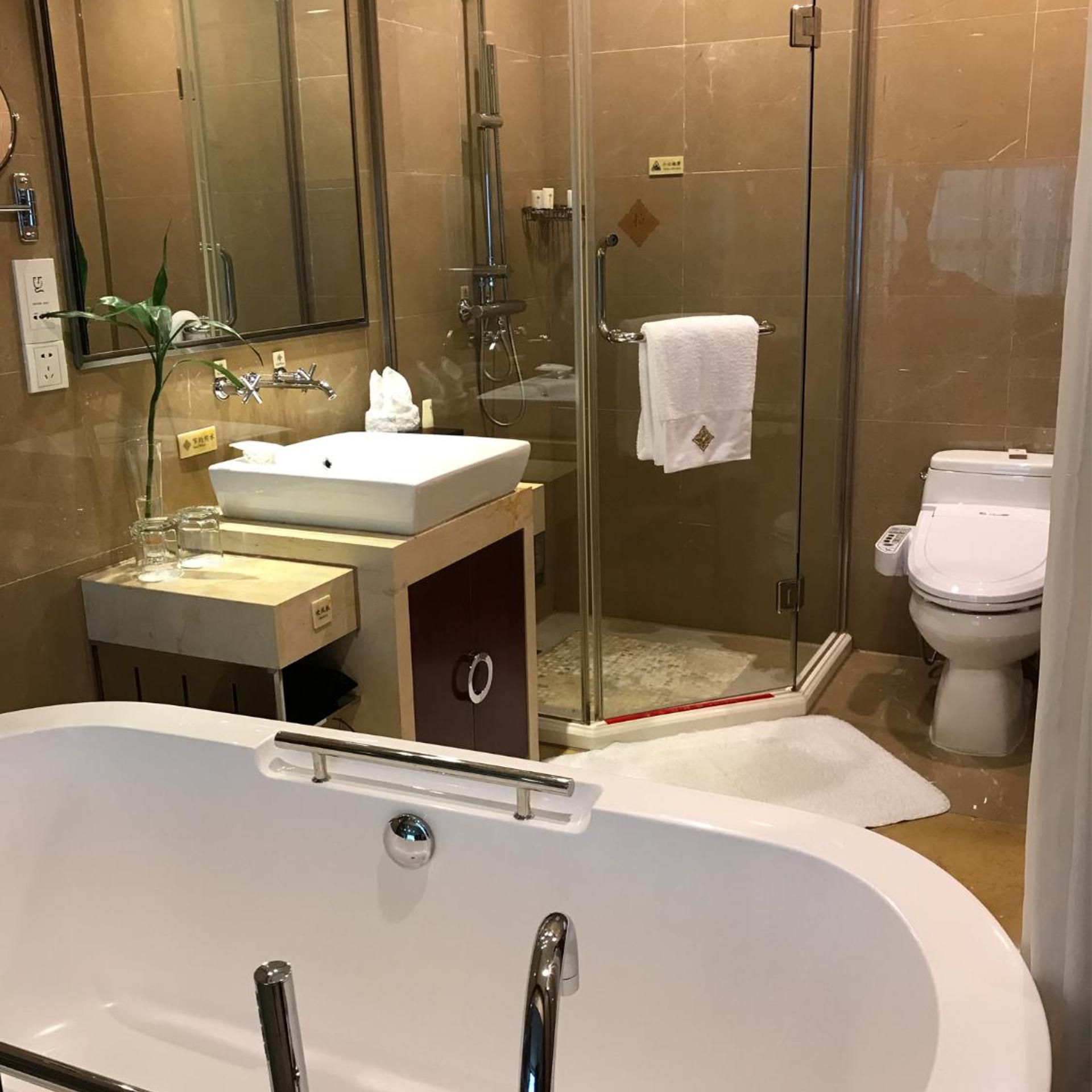 Um banheiro moderno com banheira de pedestal, chuveiro com box de vidro e vaso sanitário.