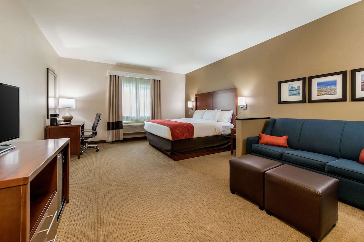 Una habitación de hotel con una cama, televisión, escritorio, sofá y sillón.