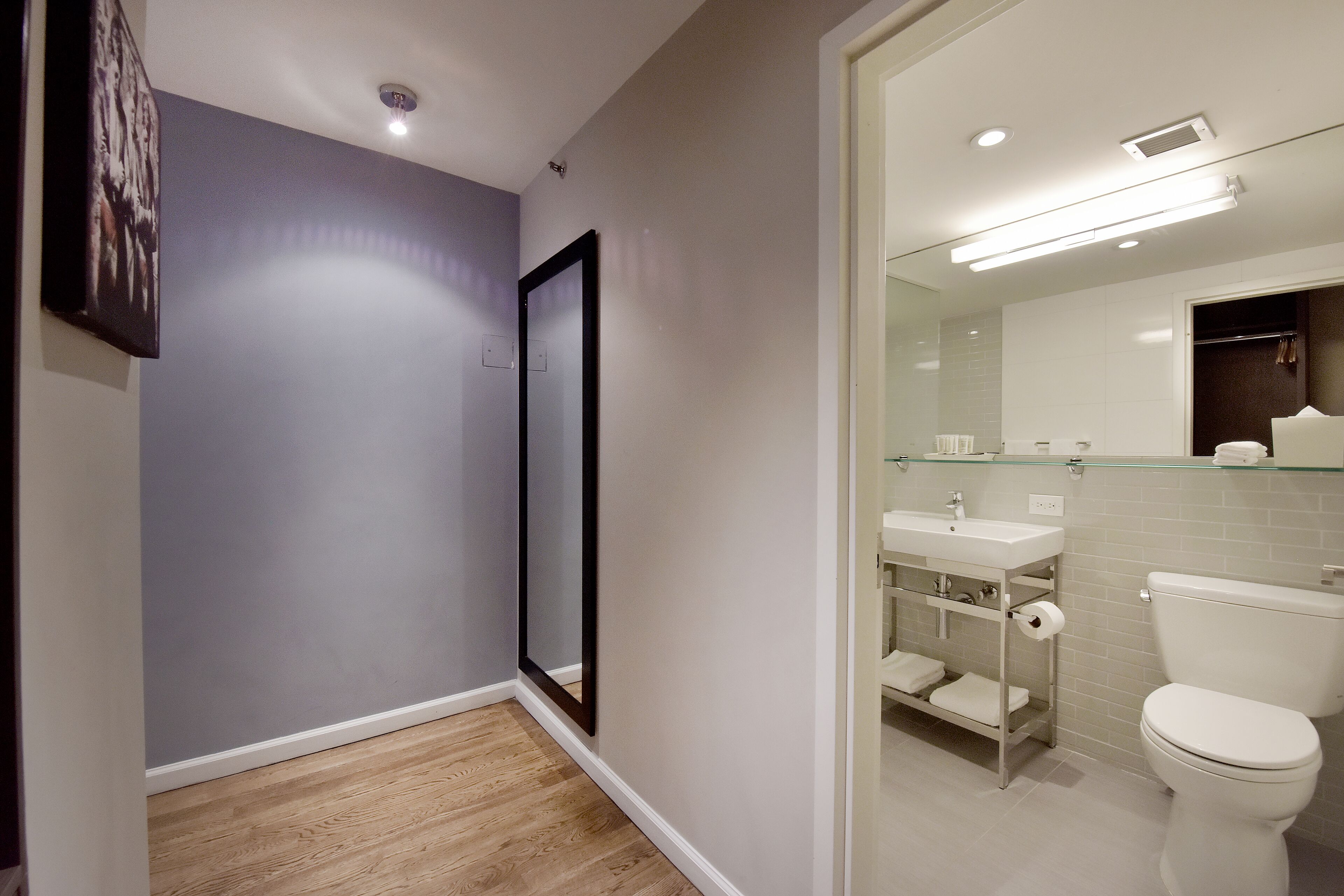 queen studio with balcony | bathroom | hair dryer, towels