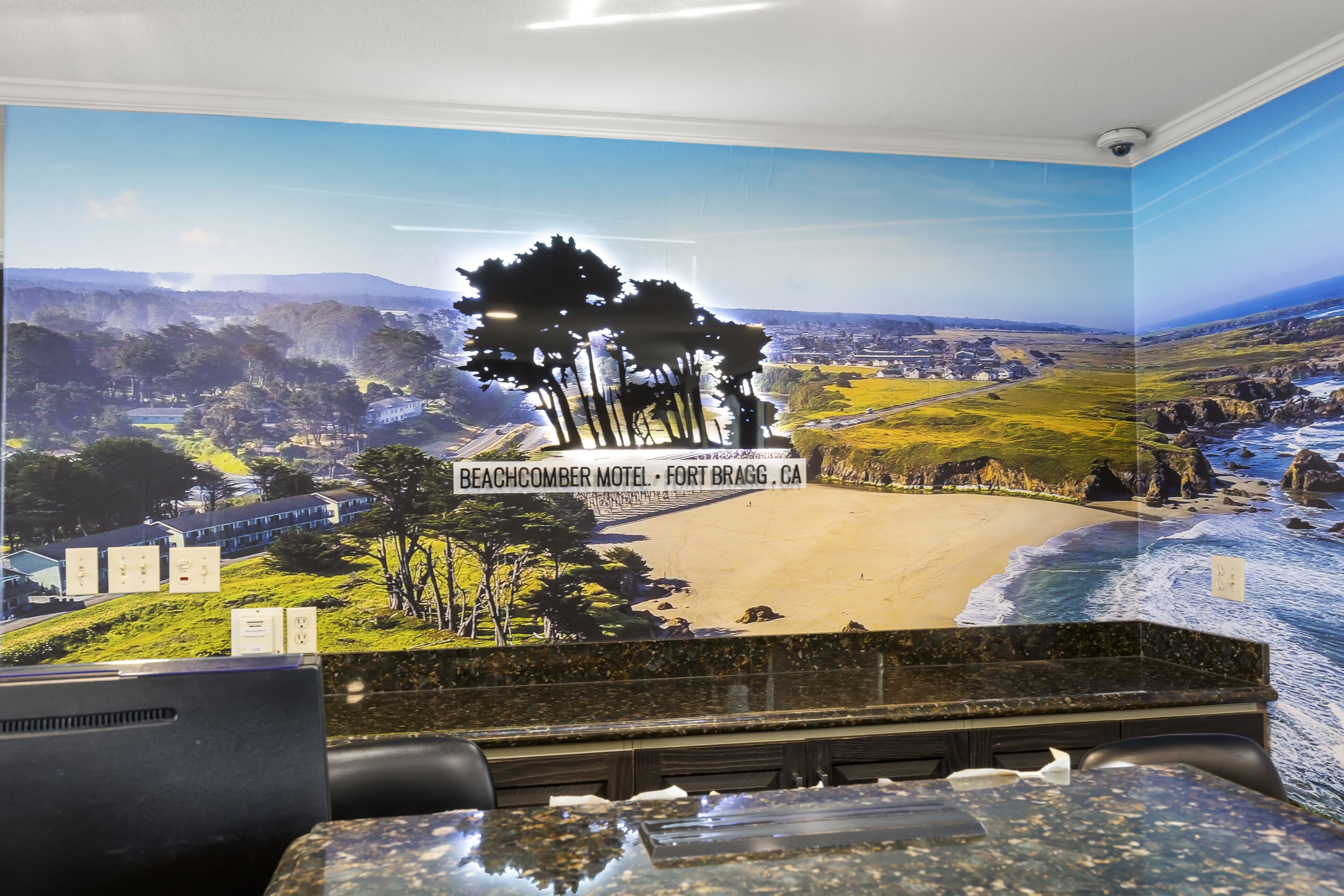 Un mural con vista a la playa en una habitación con encimera de granito y una cámara de seguridad instalada en el techo.