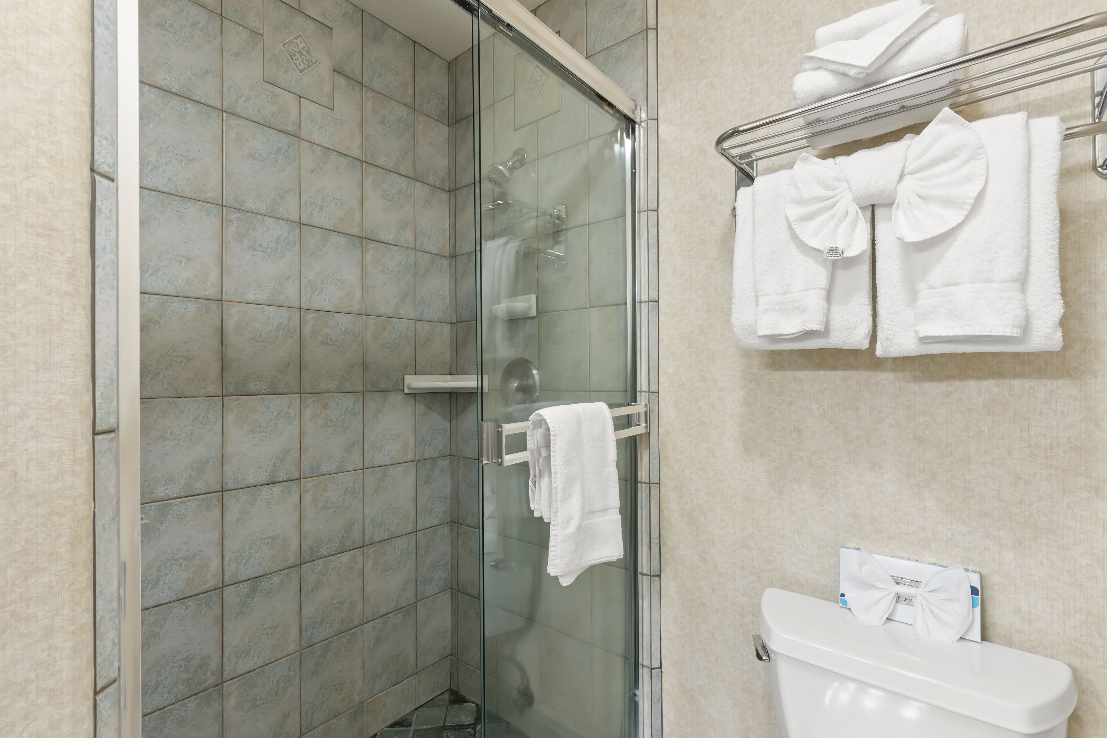 A bathroom with a glass shower enclosure, a toilet with a paper towel holder, and a towel rack with folded towels.