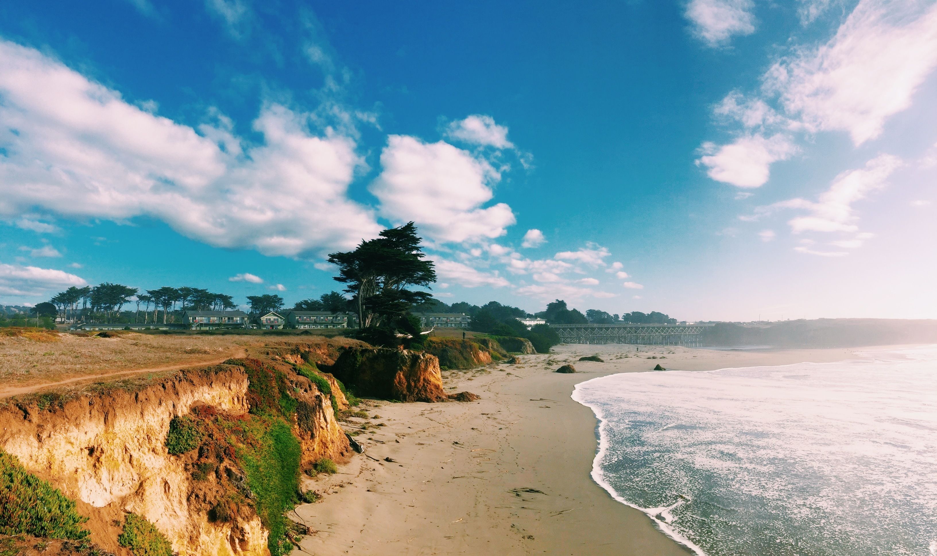 A coastal landscape with a sandy beach, cliffs, and a forested area with buildings in the background.
