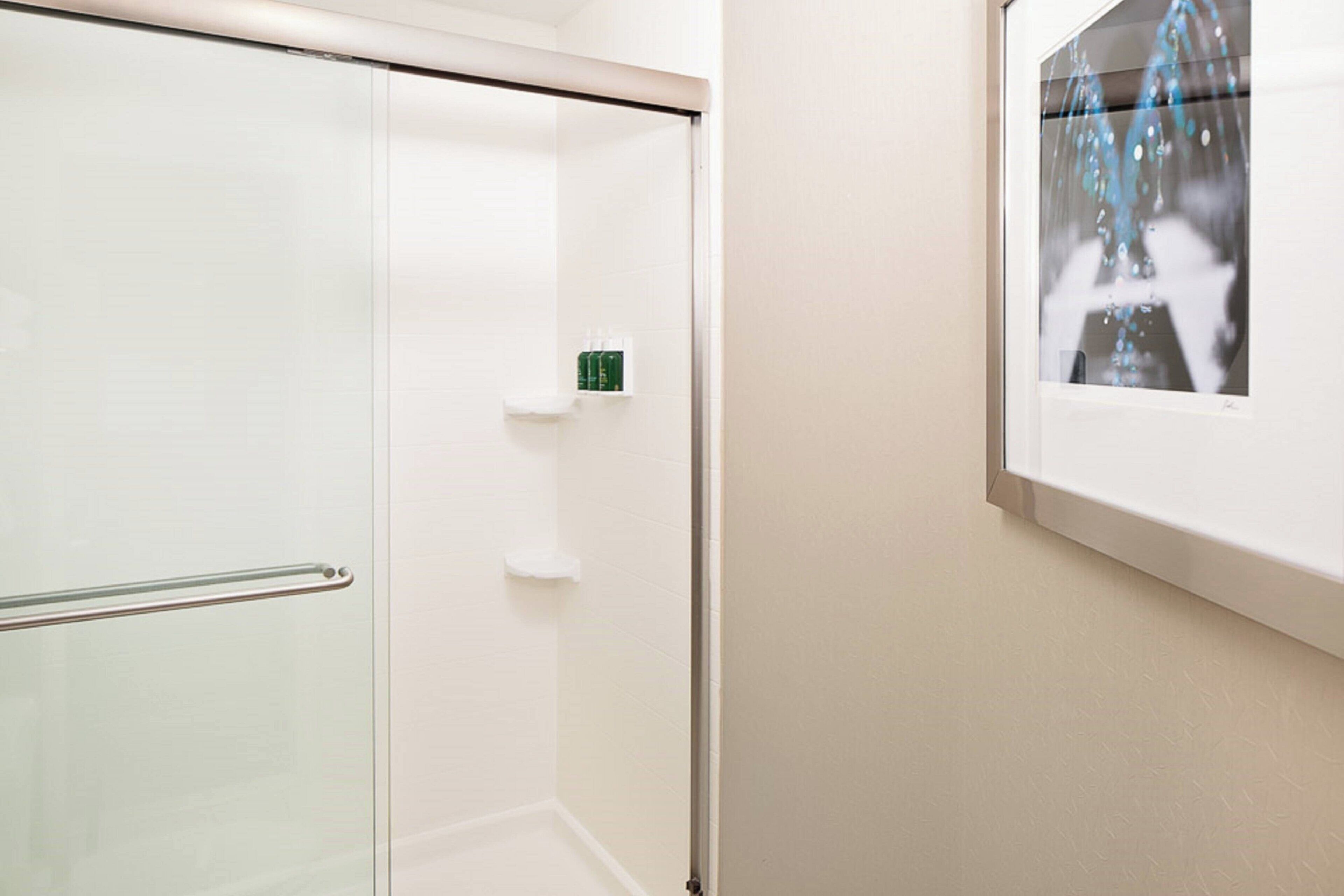 hair dryer, towels, soap, shampoo