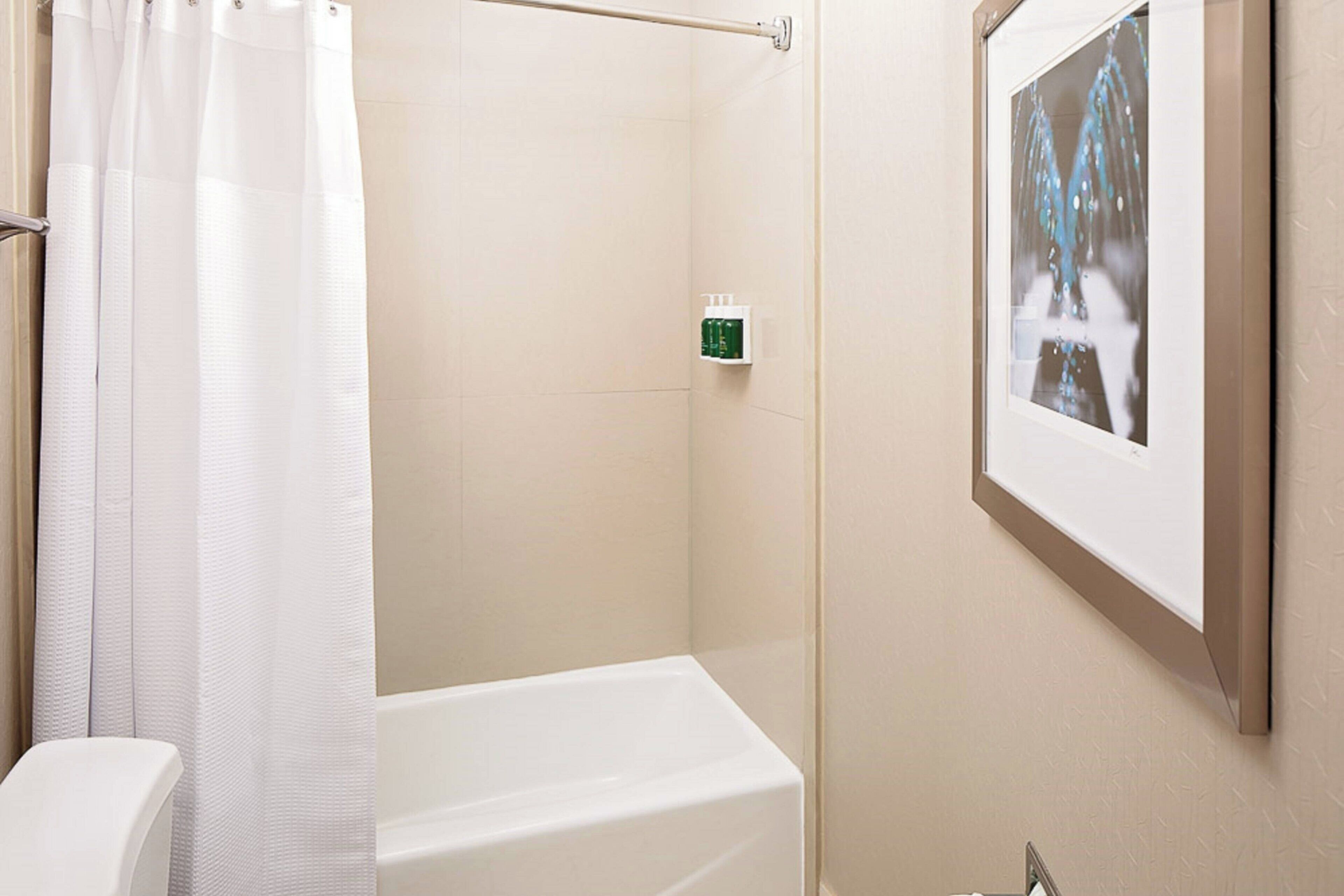 hair dryer, towels, soap, shampoo