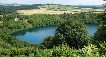 Un lago rodeado de un bosque denso y colinas onduladas.