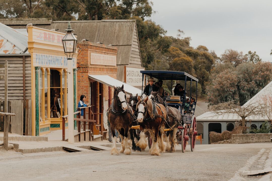 Un carruaje tirado por caballos en un entorno urbano, con edificios que llevan las leyendas 'Photographic RU' y 'Carver & Dain Subastas y Ventas'.