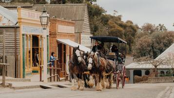 Un carruaje tirado por caballos en un entorno urbano, con edificios que llevan las leyendas 'Photographic RU' y 'Carver & Dain Subastas y Ventas'.