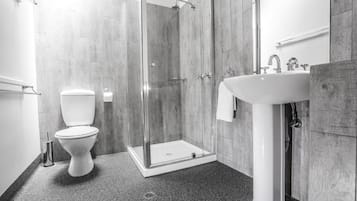 A modern bathroom with a toilet, a shower enclosure, and a sink.