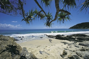 A beach with rocky terrain, palm trees, and ocean waves. - Byron Quarter Holiday Apartments (Byron Bay)