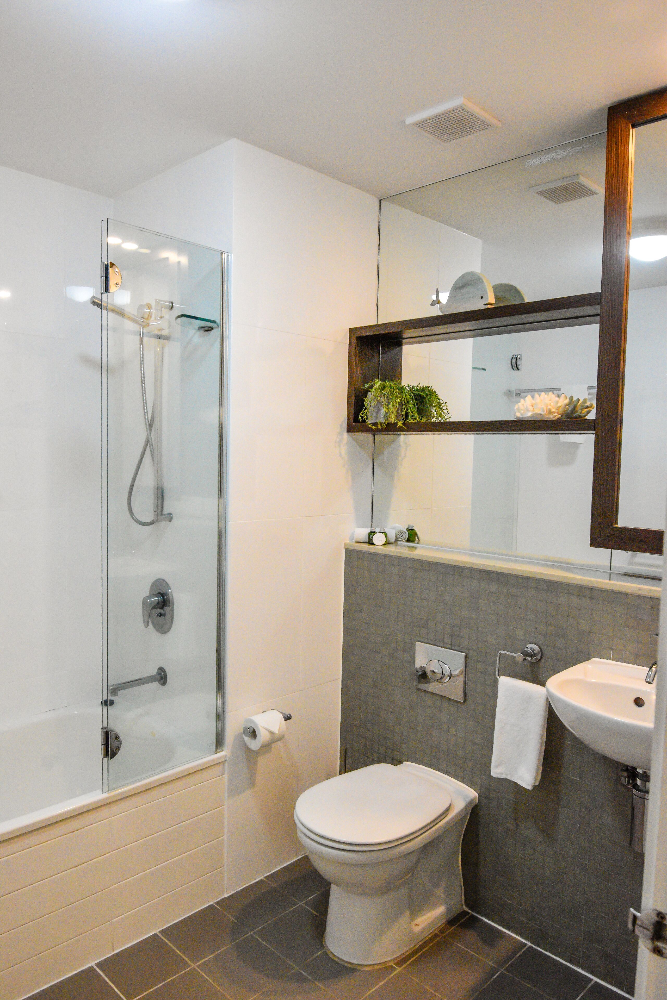 A modern bathroom with a glass-enclosed shower, a white toilet, a sink, and a mirror above the sink.