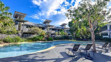 Outdoor pool, pool umbrellas, pool loungers