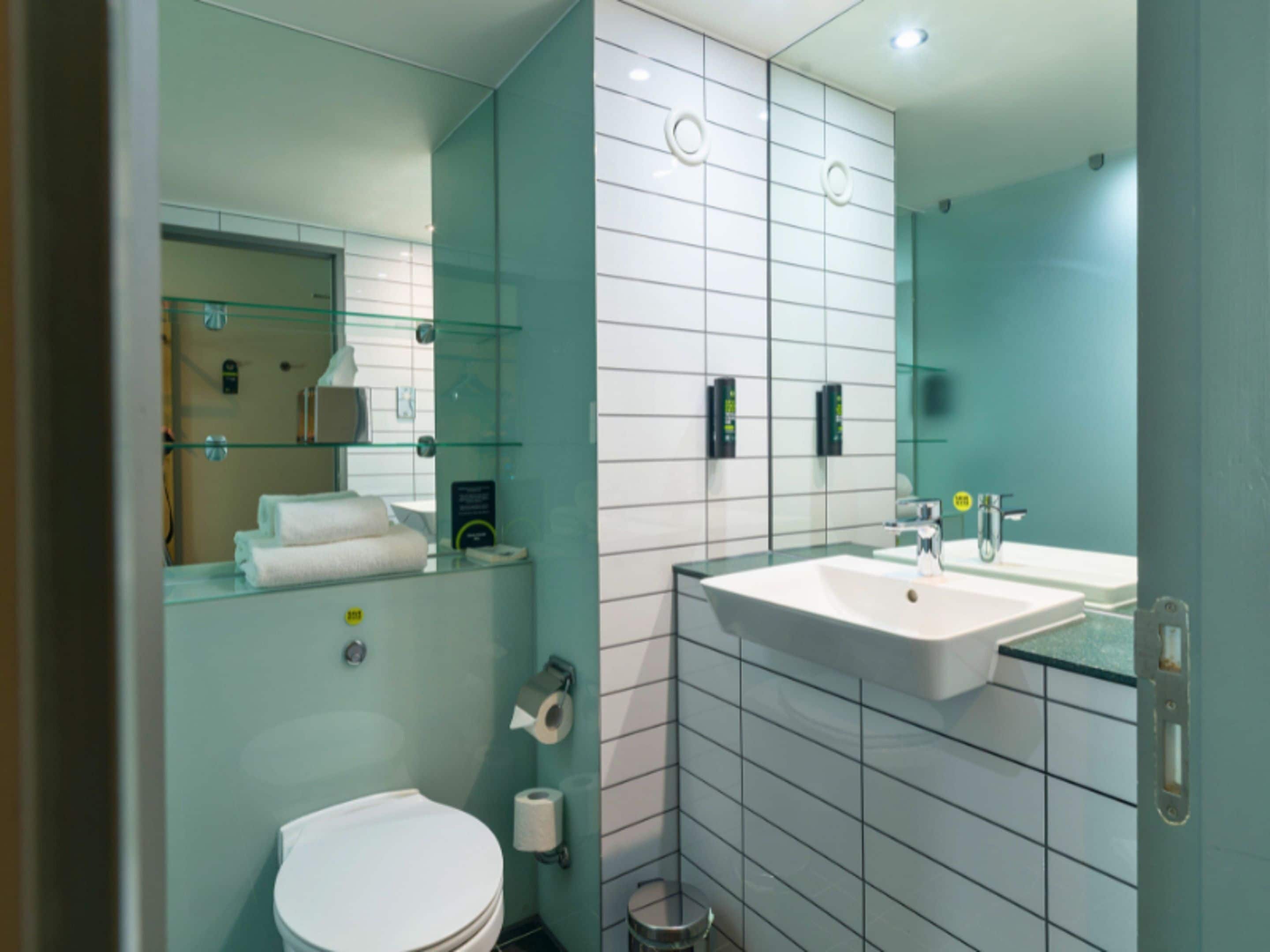A modern bathroom with a glass shower enclosure, a white toilet, and a sink with a mirror above it.