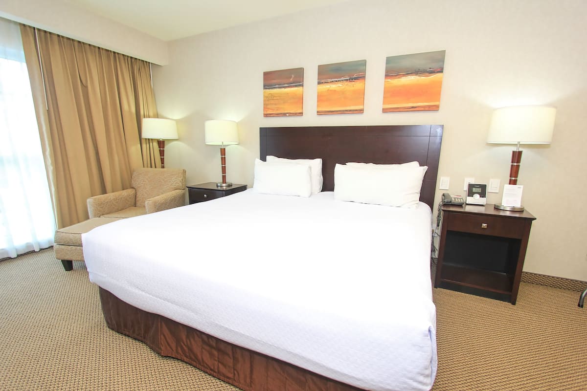 A hotel room with a large bed, two bedside tables with lamps, a chair, and three paintings on the wall.