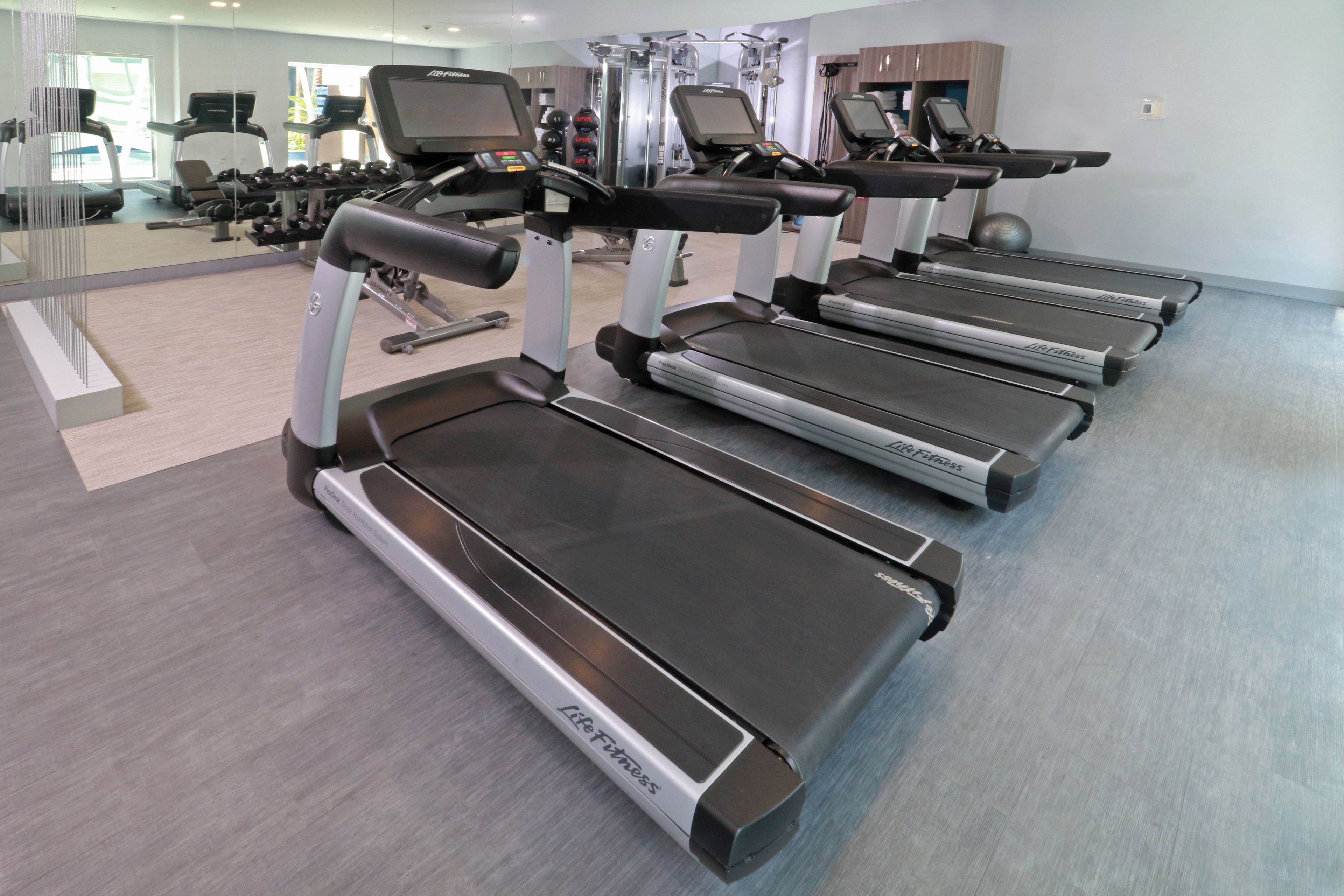 A gym with multiple treadmills, weight machines, and a mirrored wall.