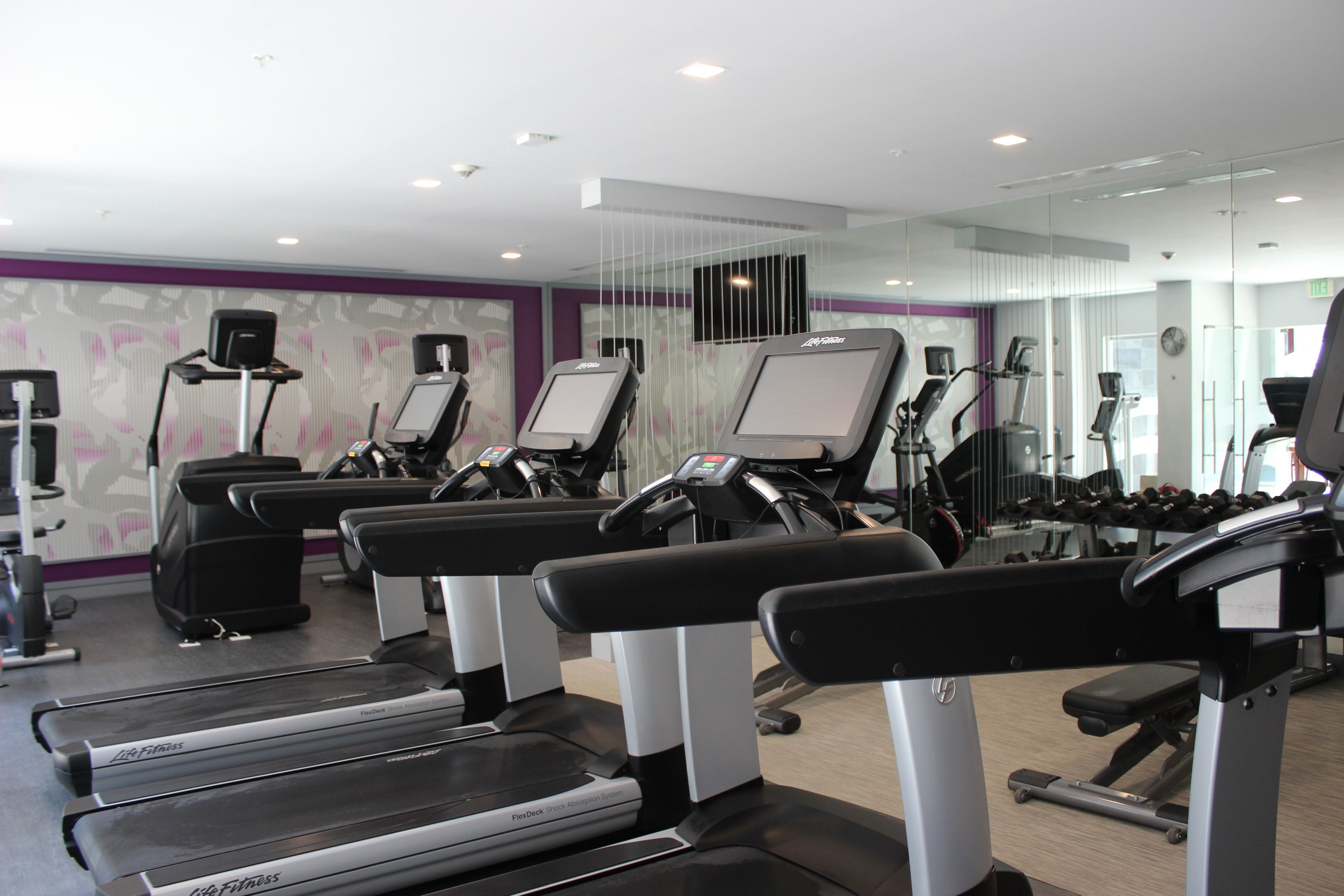 Un gimnasio con cintas de correr, máquinas de pesas y un espejo grande.