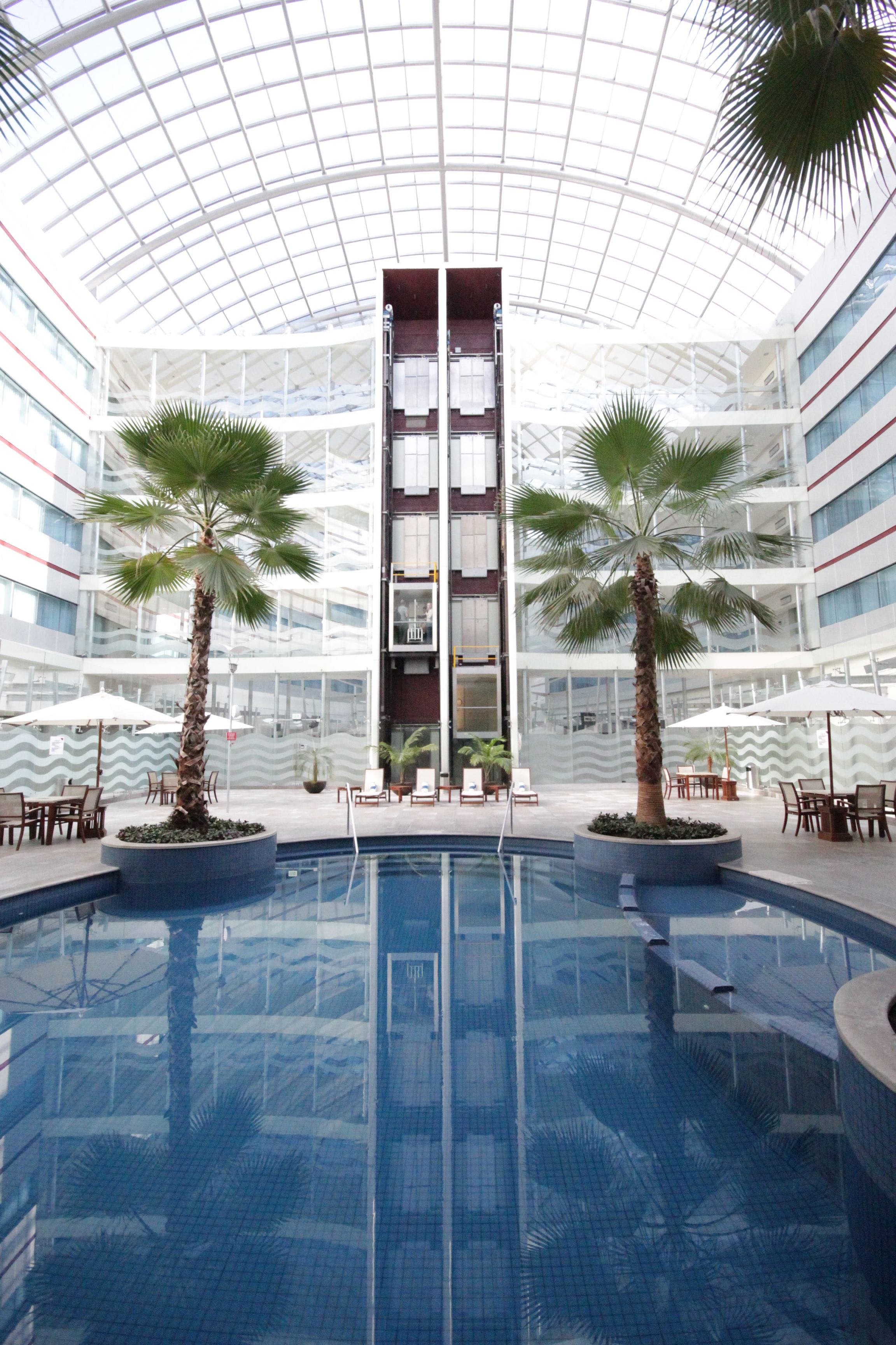 A modern indoor pool with a glass ceiling, surrounded by palm trees and seating areas.