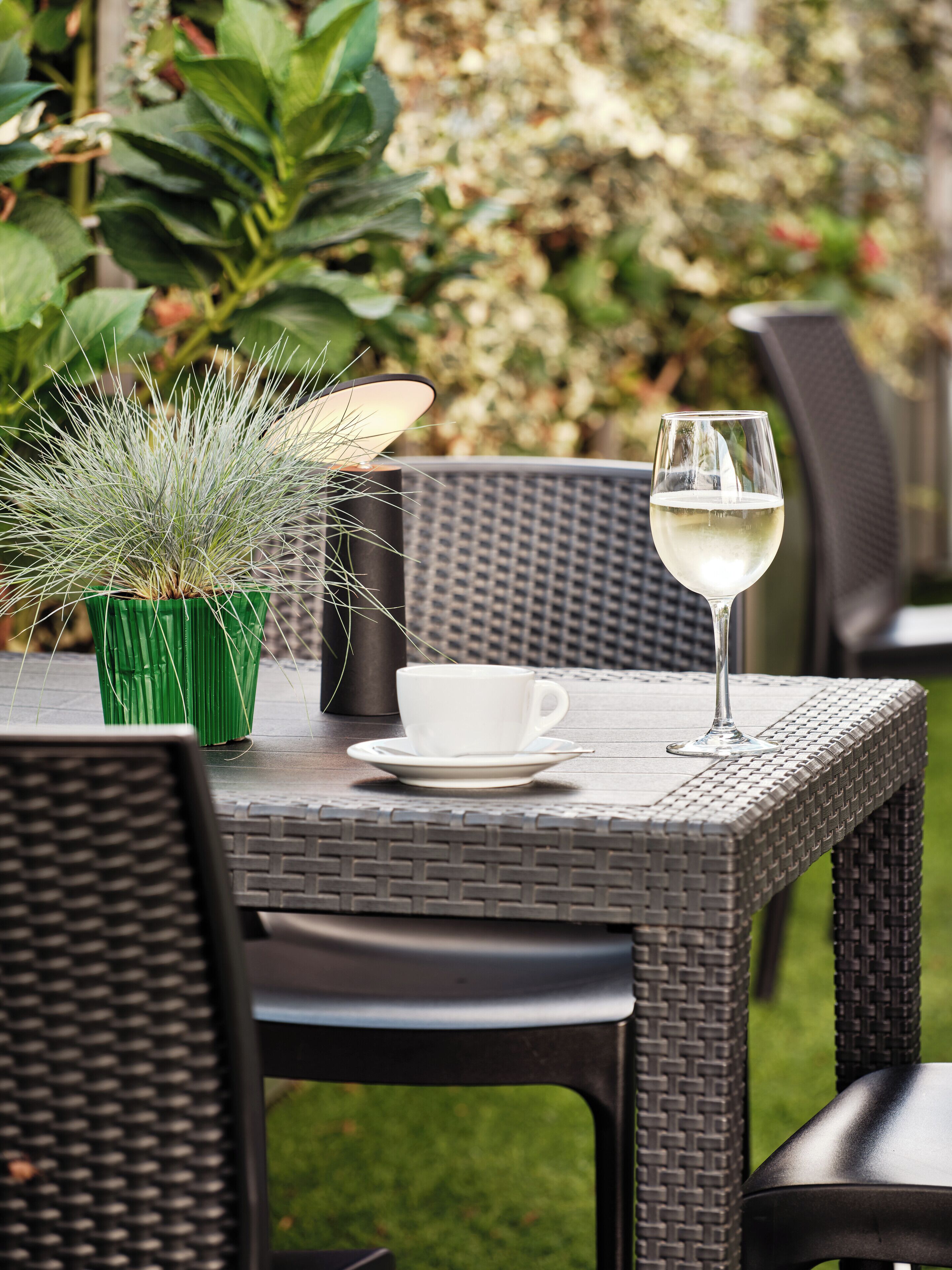 Una mesa de mimbre con una taza blanca y una copa de vino blanco, una planta verde y una silla.