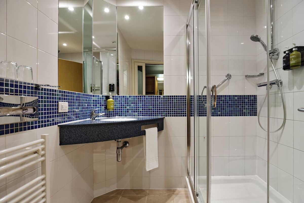 shower, hair dryer, bidet, towels