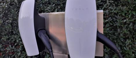 A Tesla electric vehicle charging station with a hedge in the background.
