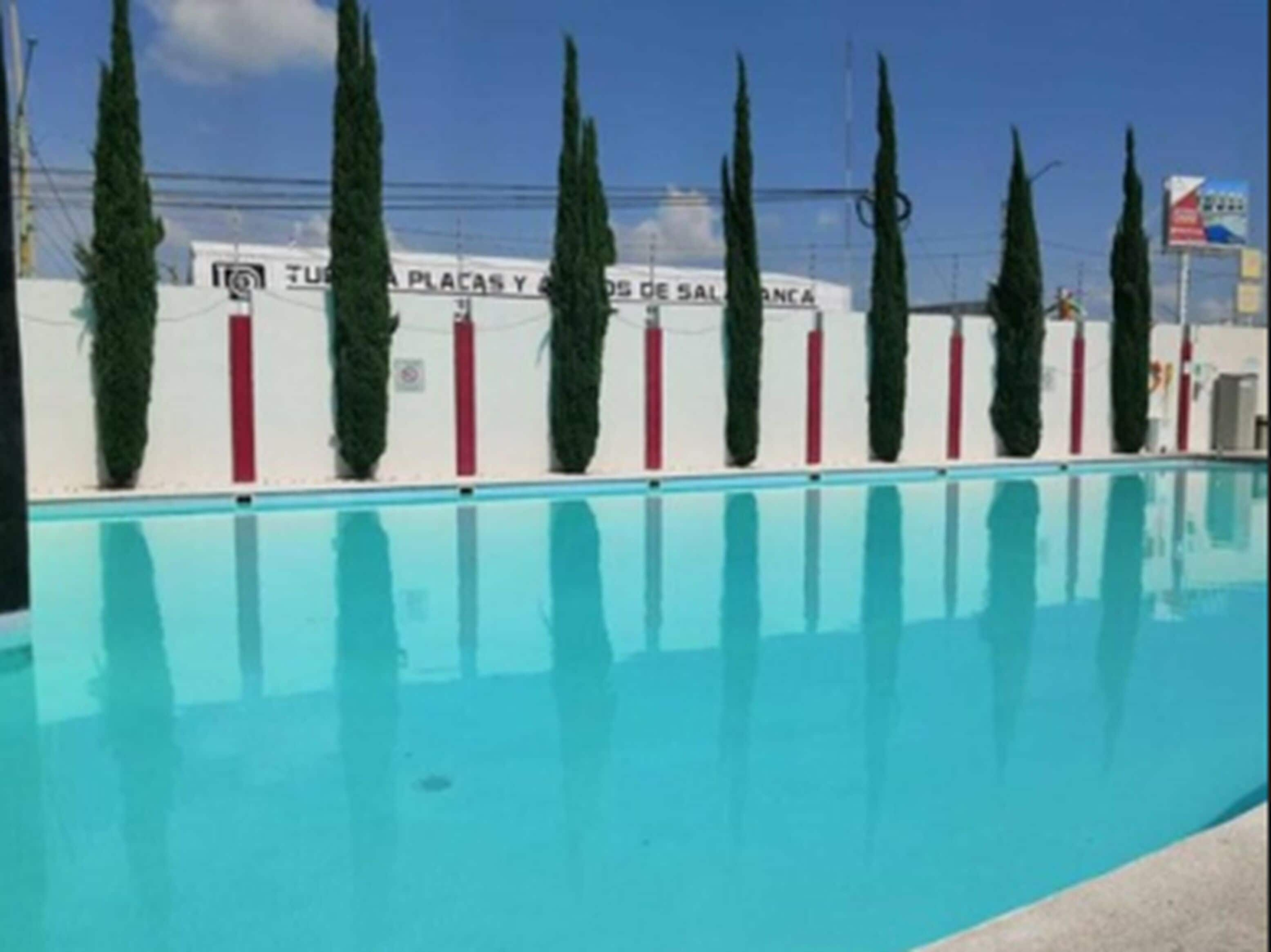 室外游泳池，提供泳池遮陽傘和日光浴躺椅