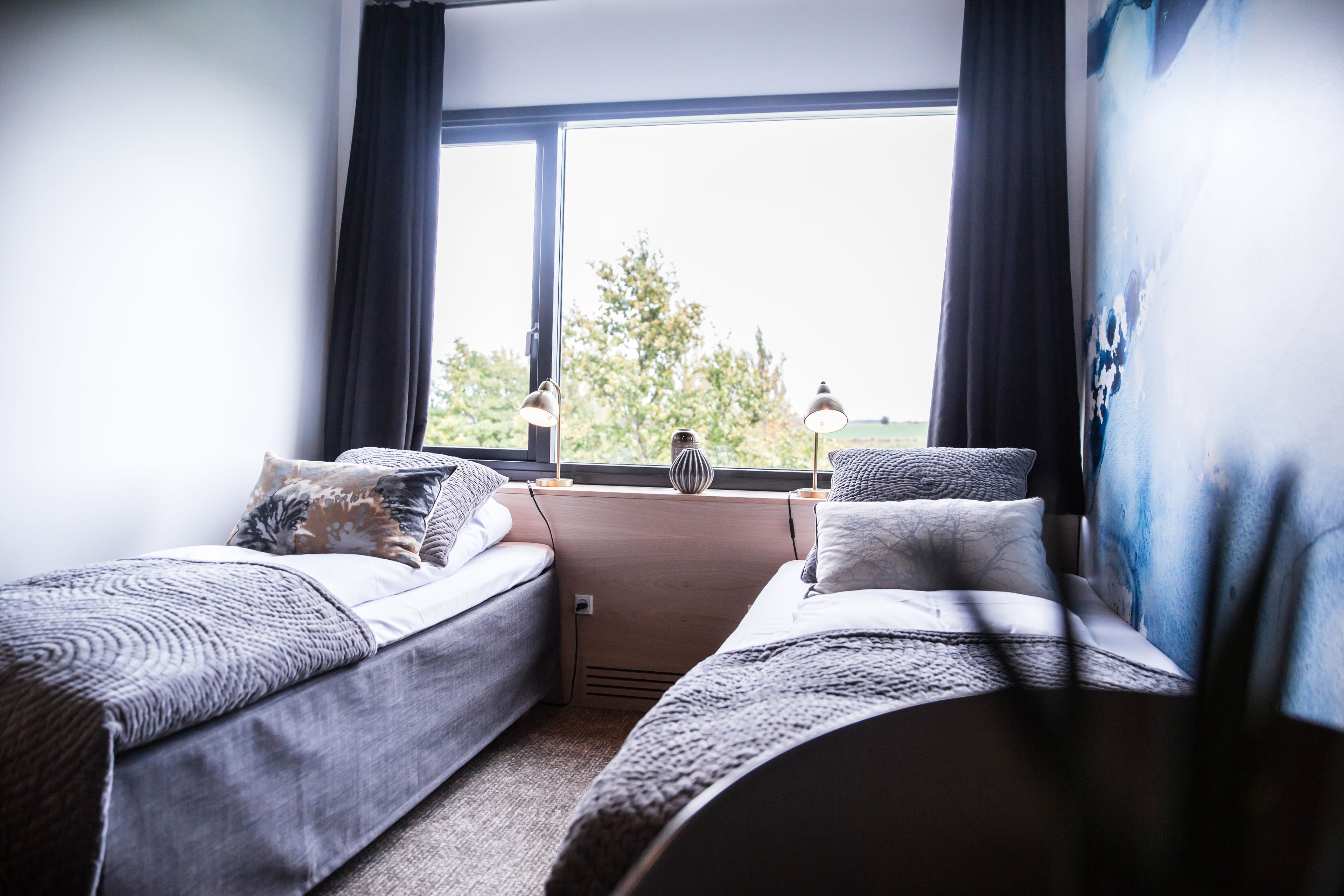 A room with two single beds, a window with curtains, a lamp, and a view of trees.