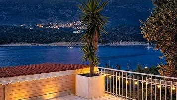 Une terrasse offrant une vue sur un paysage côtier, avec un palmier et une table entourée de chaises.