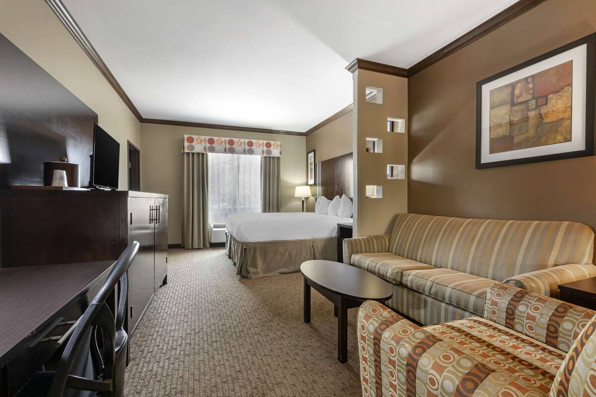 A hotel room with a bed, a sofa, a desk, and a TV.