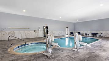 Indoor pool, open 9:00 AM to 9:00 PM, sun loungers