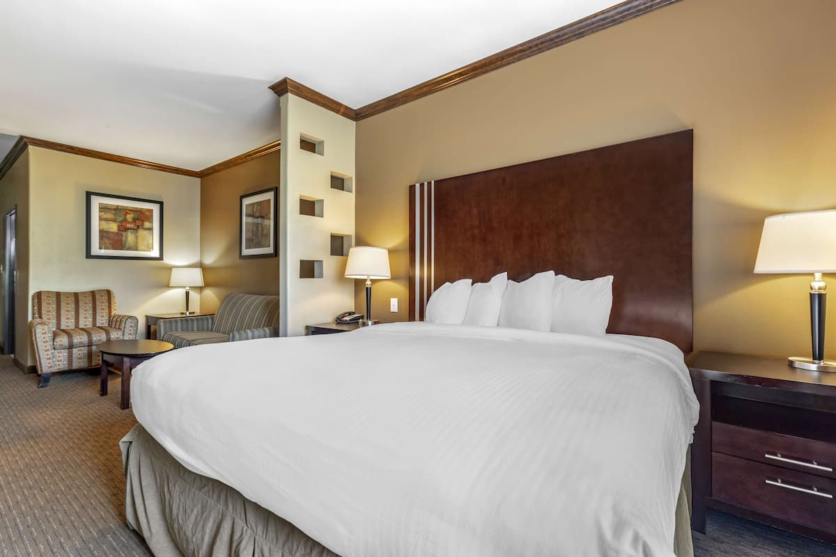 A hotel room with a large bed, a chair, a desk, and a lamp.