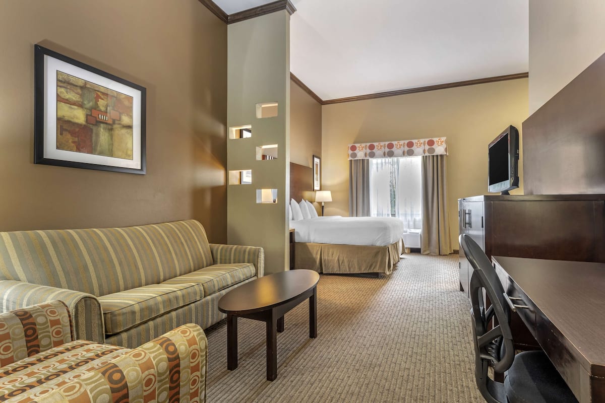 A hotel room with a sofa, a small table, a bed, a desk, and a television.