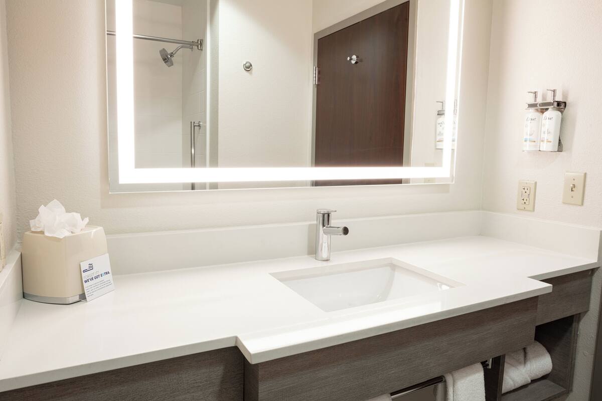 A bathroom with a large mirror, a sink, a towel rack, and a tissue box.