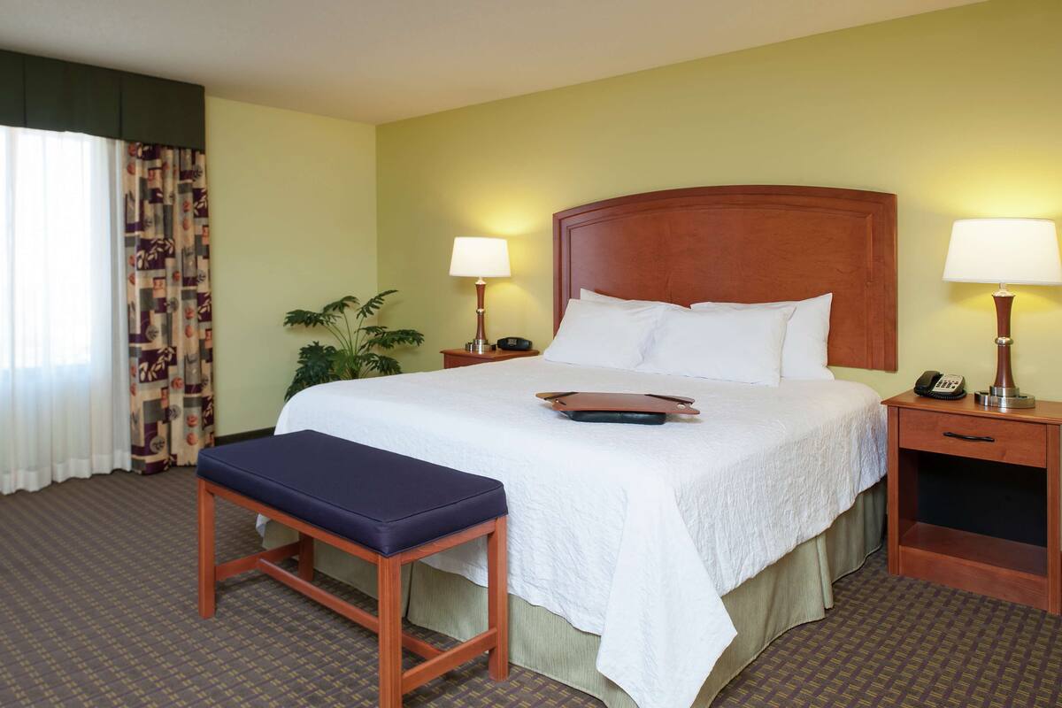 A hotel room with a large bed, a bedside table with a lamp, a small table with a book, a bench, and a potted plant.