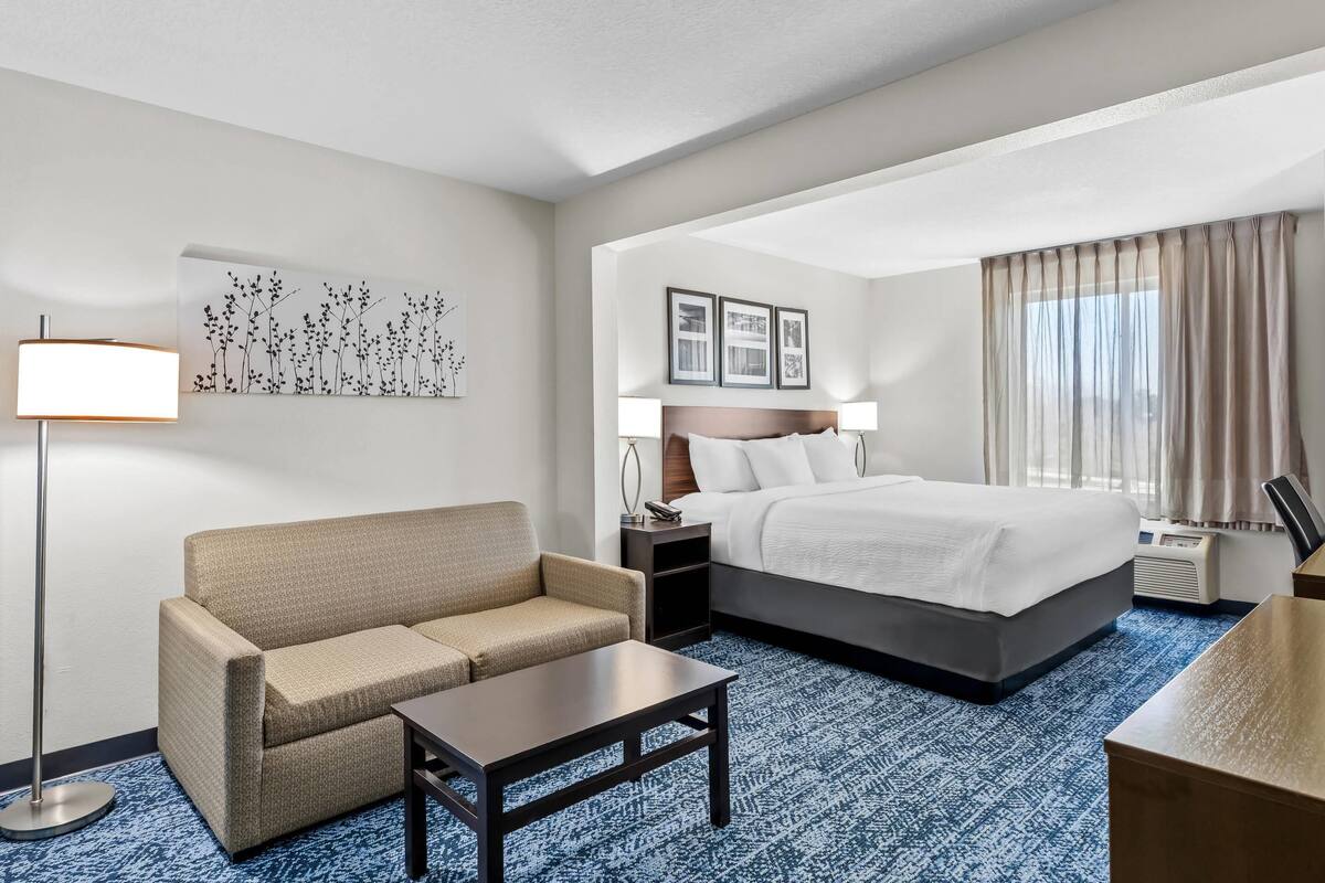 Una habitación de hotel con cama, sofá, una mesita, lámpara, un cuadro en la pared y una ventana con cortinas.