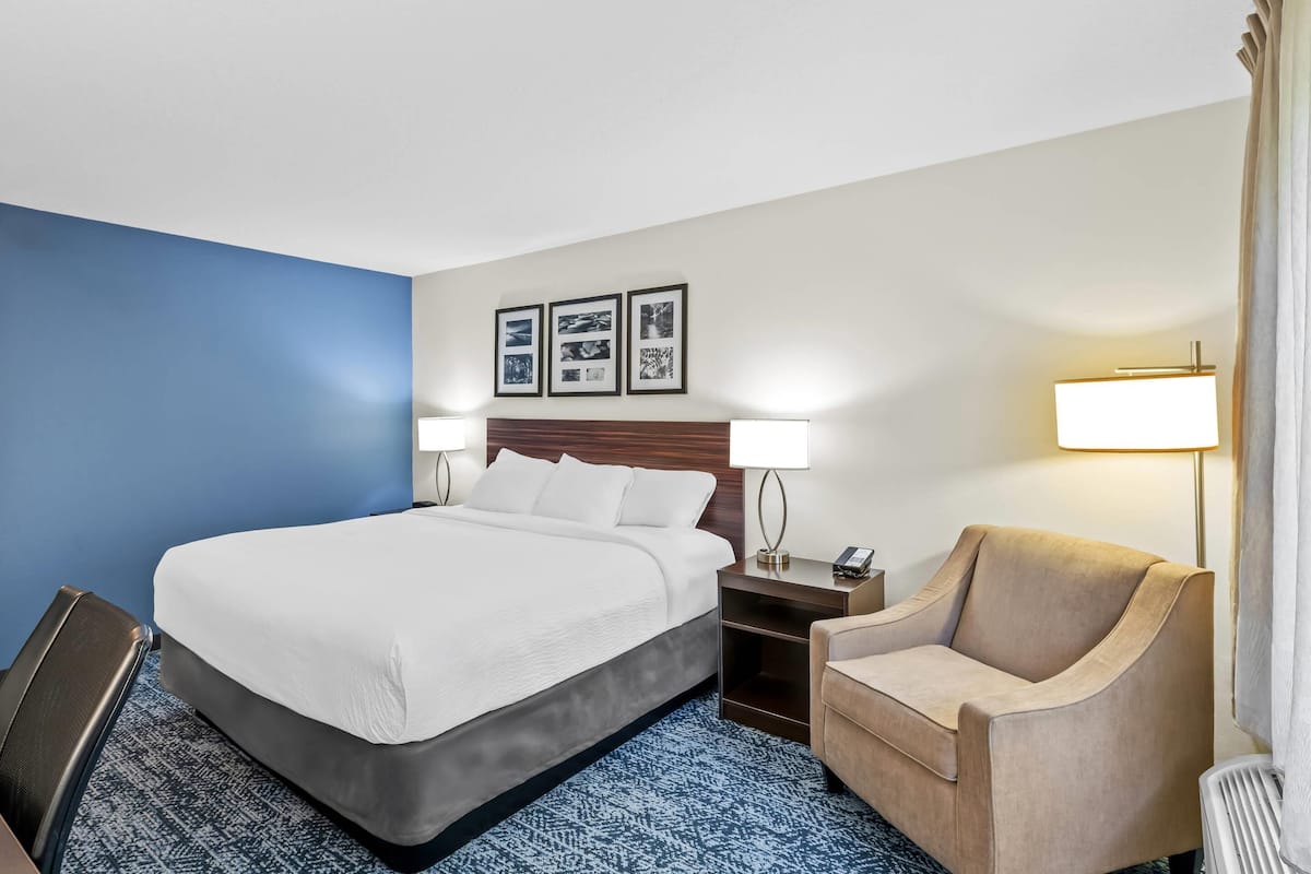 Habitación de hotel con una cama grande, un escritorio con lámpara, una silla y un cuadro en la pared.
