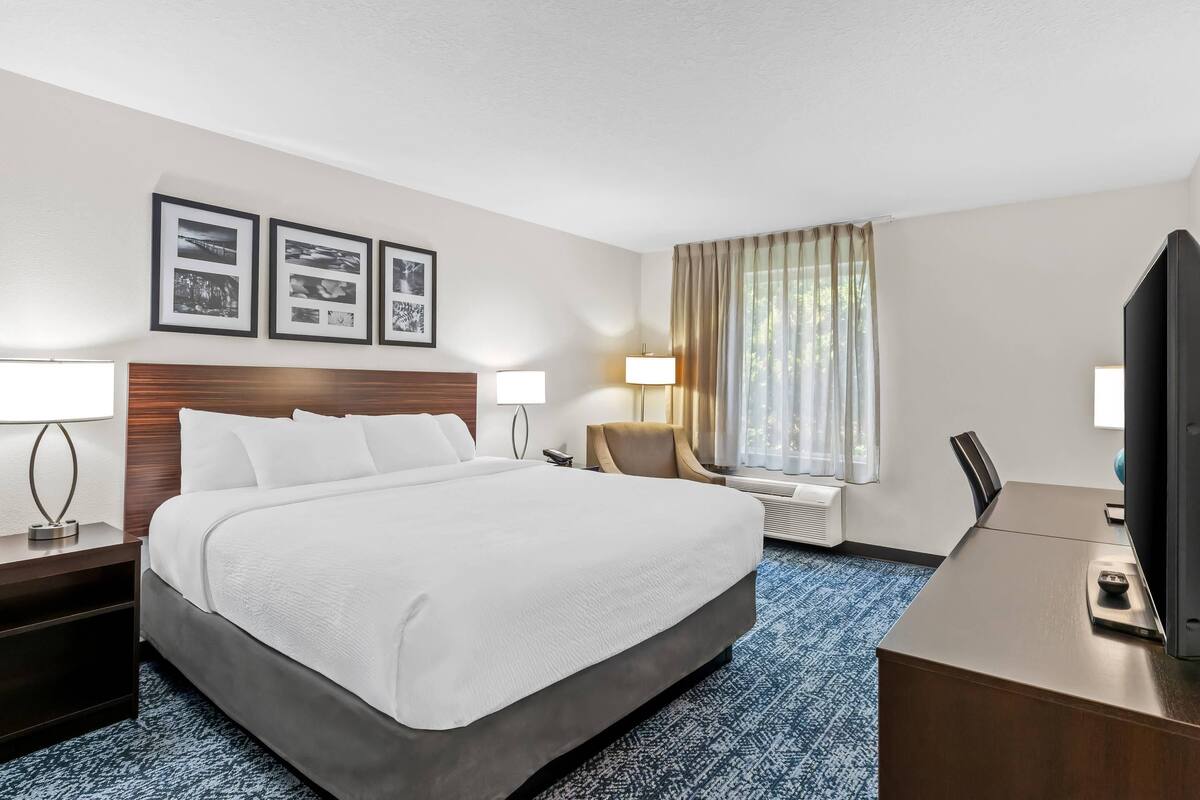 Una habitación de hotel con una cama grande, un escritorio, una silla, un televisor y cuadros en la pared.