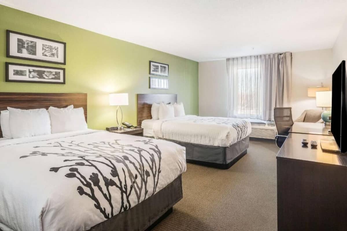 Habitación de hotel con dos camas, un escritorio, una silla, un televisor y cuadros en la pared.