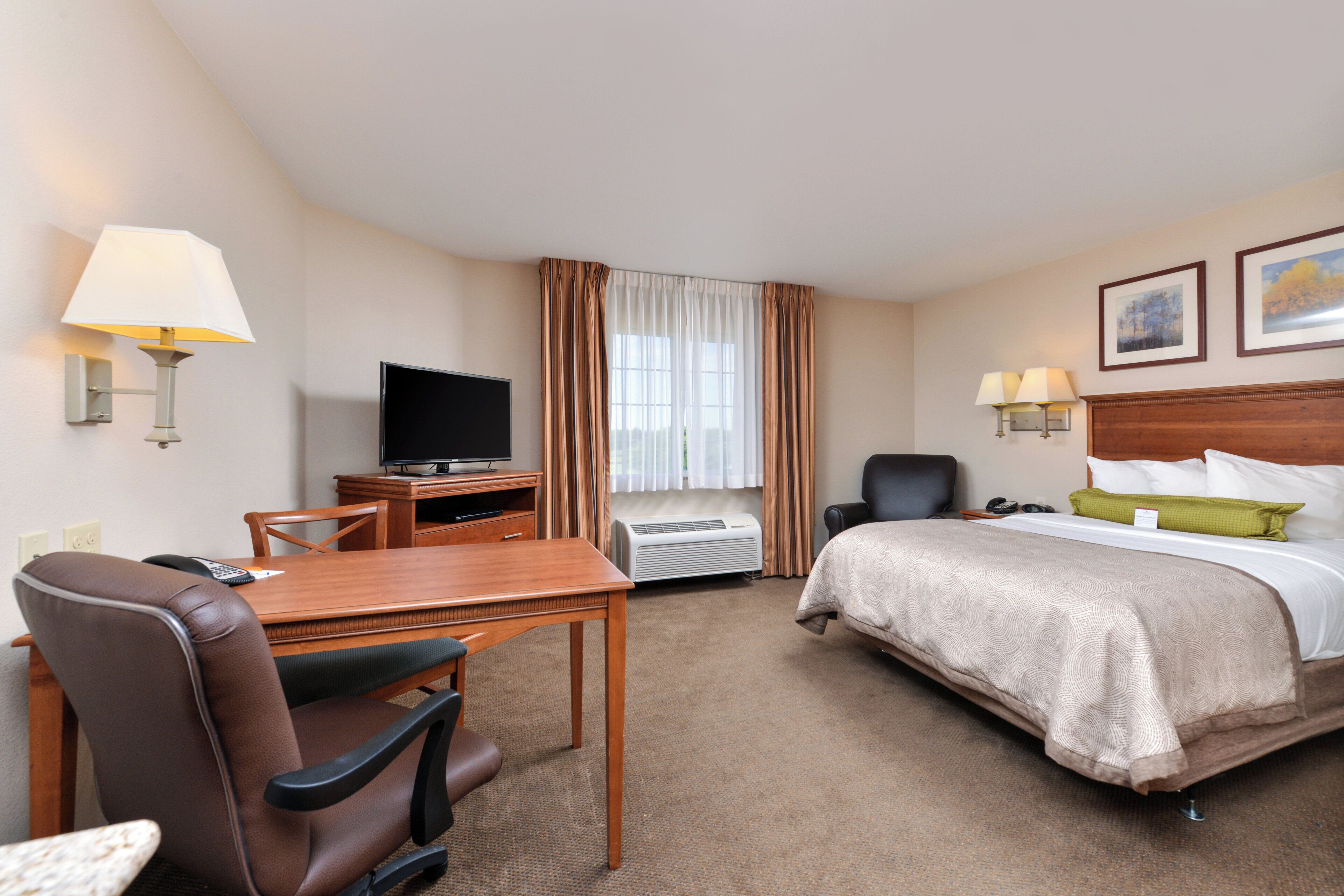 A hotel room with a bed, a desk with a television, a chair, a lamp, and a window with curtains.