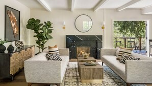 A modern living room with a fireplace, two sofas, a coffee table, and a large plant.