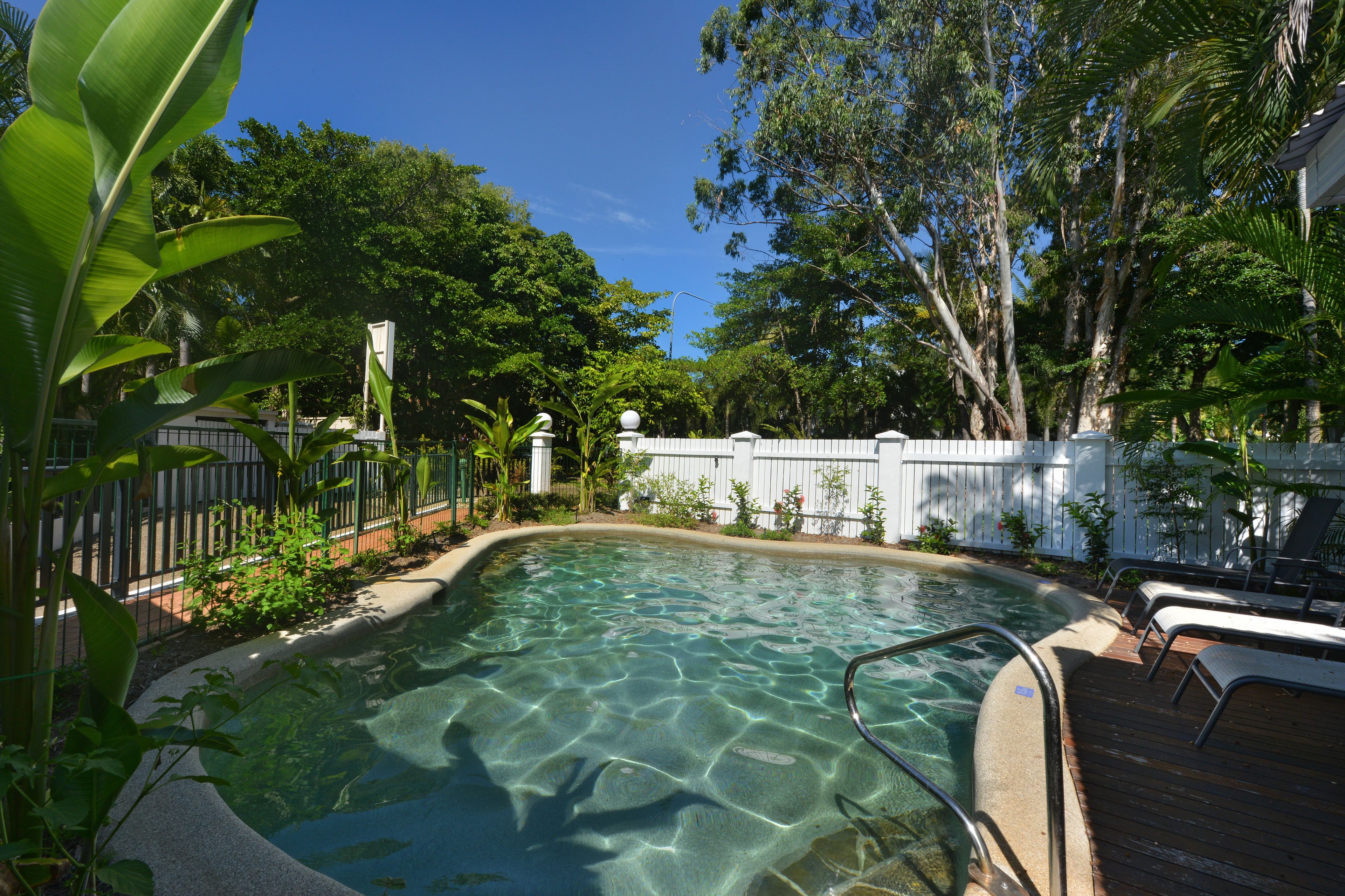 Outdoor pool, a heated pool, pool loungers