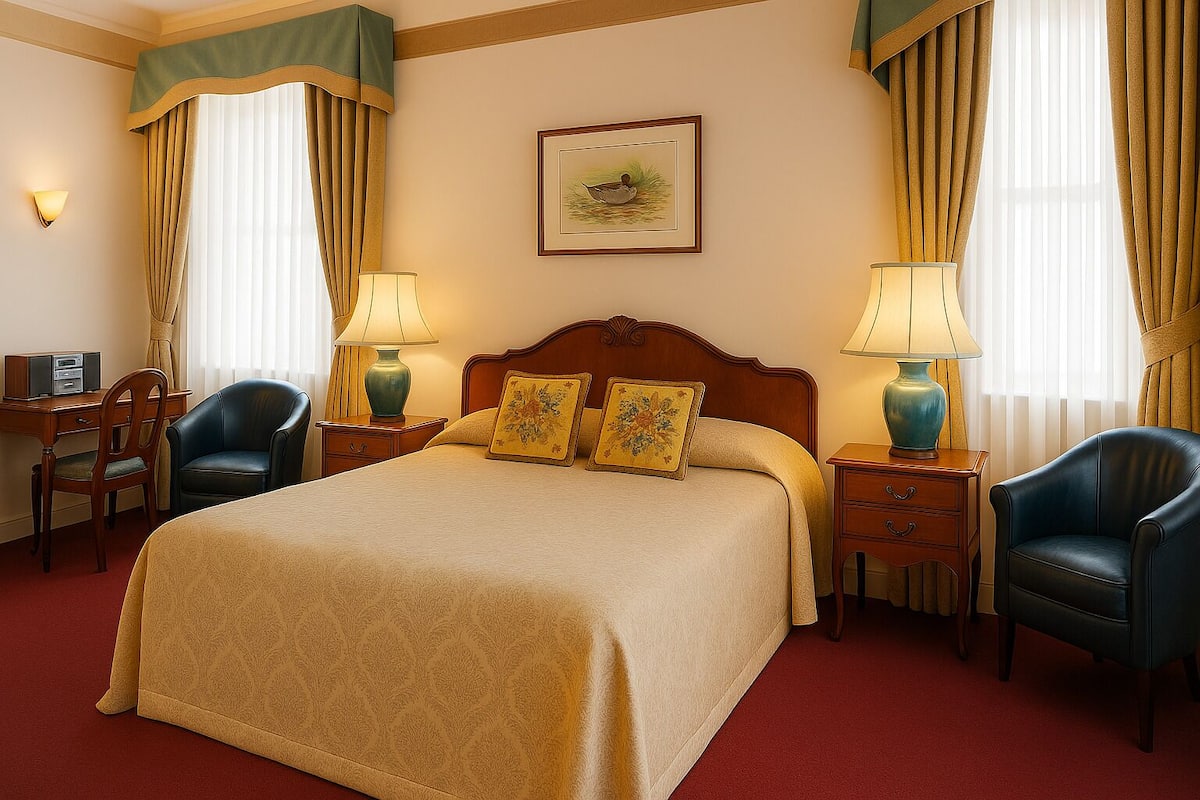 A hotel room with a large bed, two bedside tables with lamps, a desk with a chair, and two chairs.