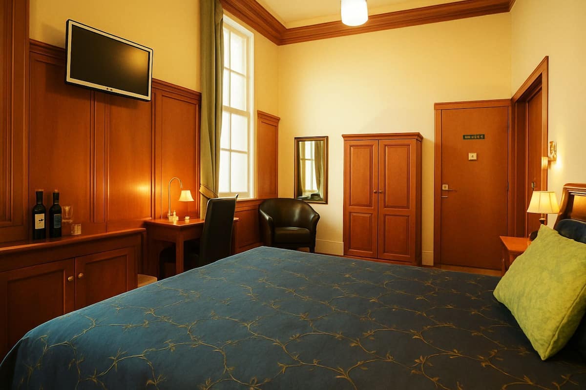 A hotel room with a large bed, a desk, a chair, a television, and a wardrobe.
