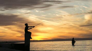 A person fishing at sunset by the water.