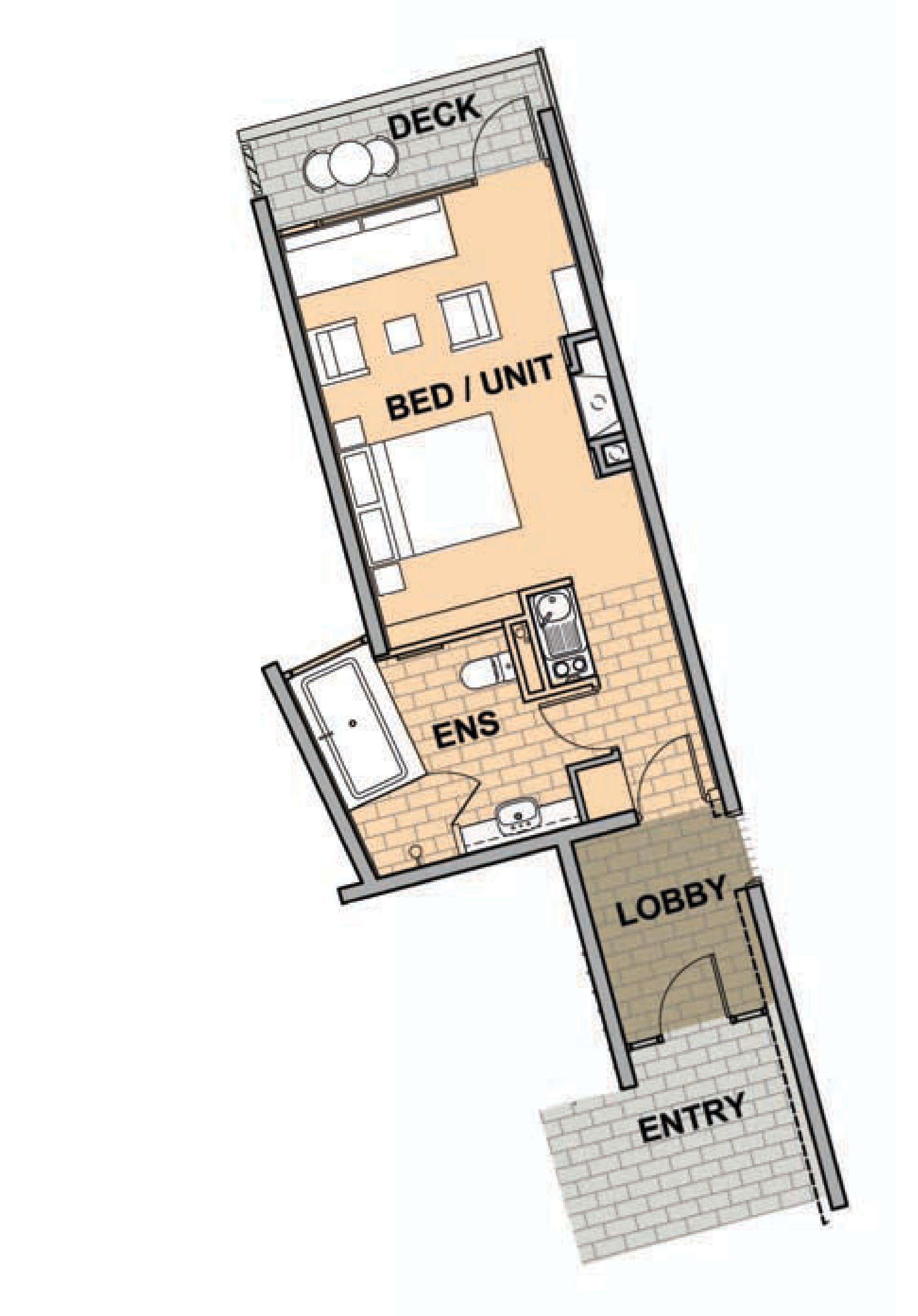 A floor plan of a hotel room with a deck, bed/unit, en-suite bathroom, lobby, and entry.