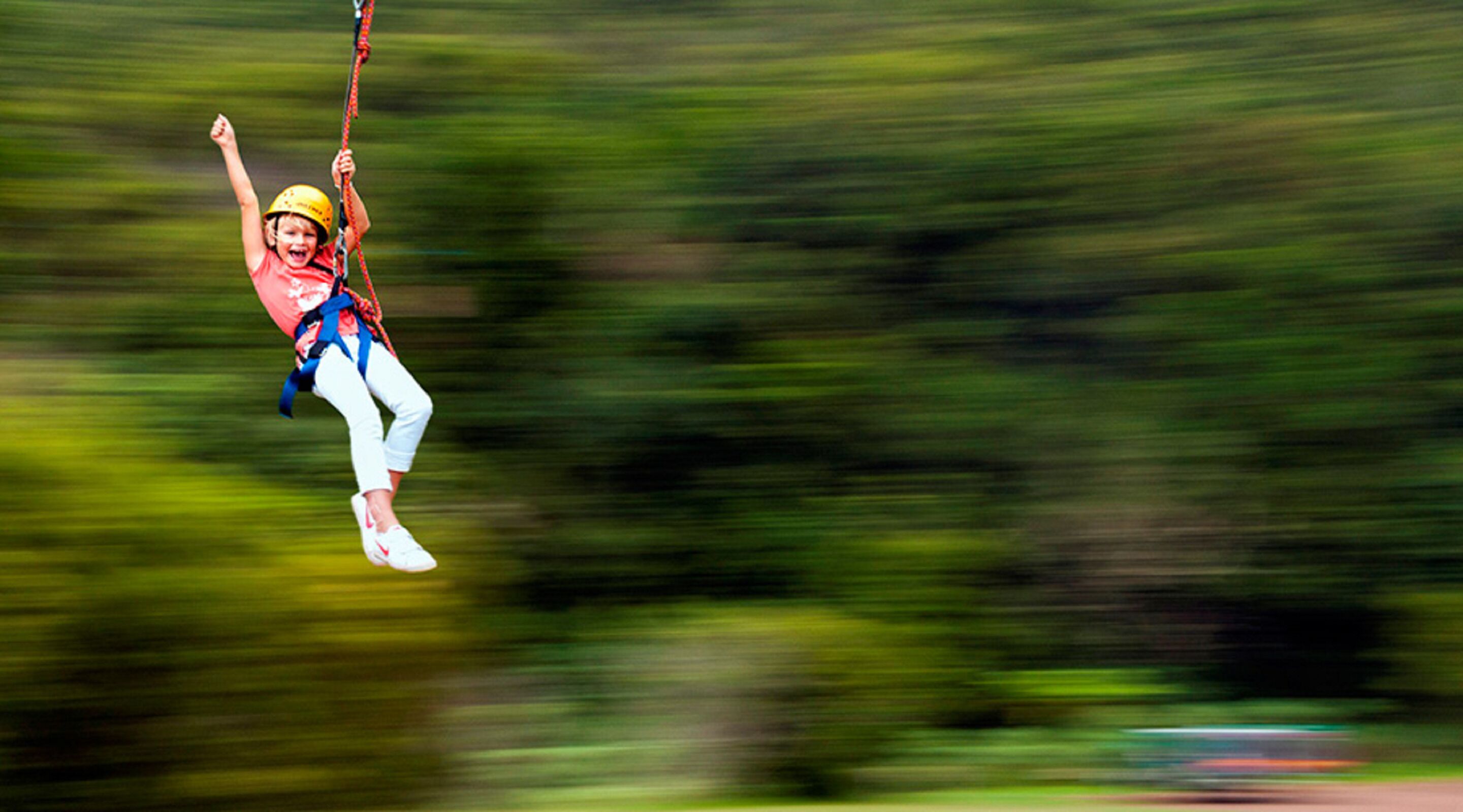 Una persona haciendo bungee jumping, con un fondo borroso de vegetación.