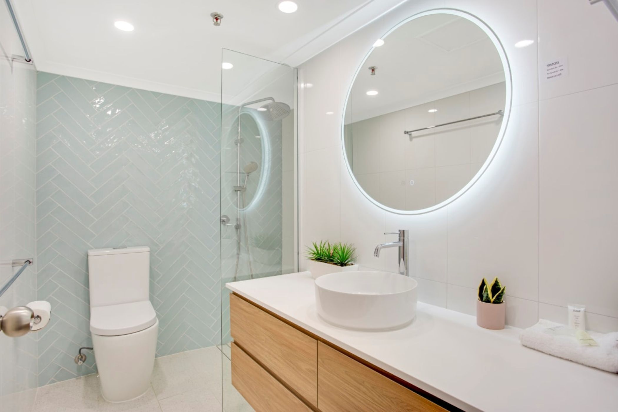 Een moderne badkamer met een douchecabine van glas, een wit toilet, een ronde spiegel met verlichting, en een houten wastafel met een wastafel en twee planten in potten.