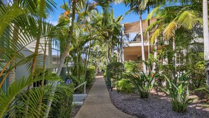 A pathway flanked by palm trees and shrubs leading to a building with balconies. - Lennox Beach Resort (Lennox Head)