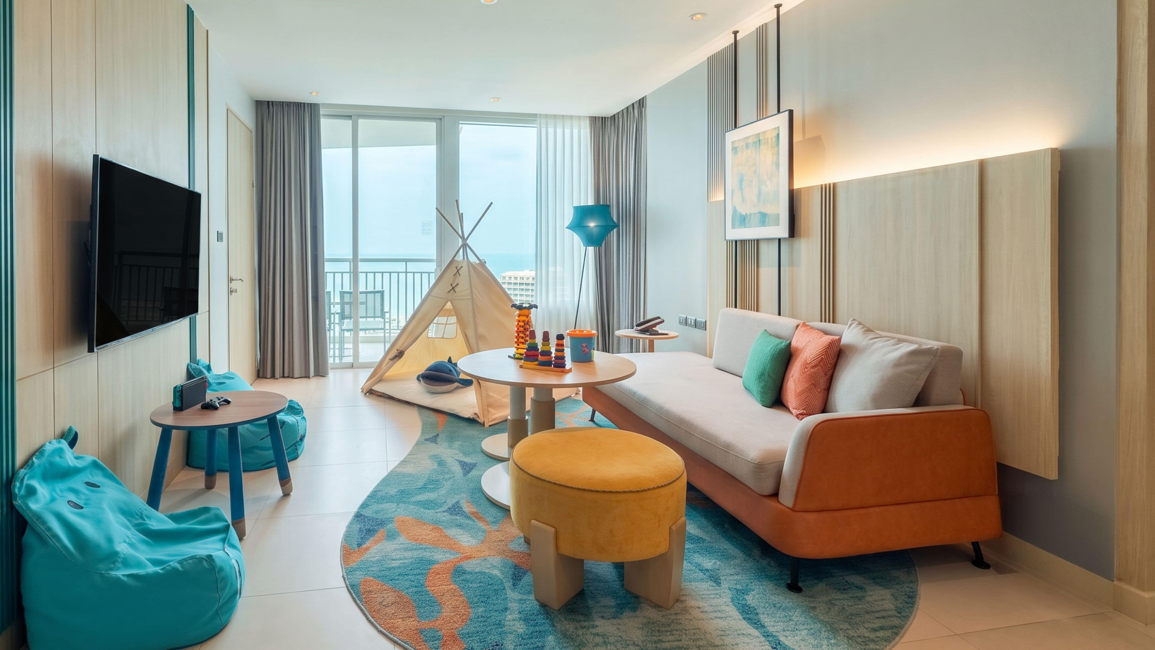 A modern hotel room with a sofa, ottoman, and a teepee-style play tent.